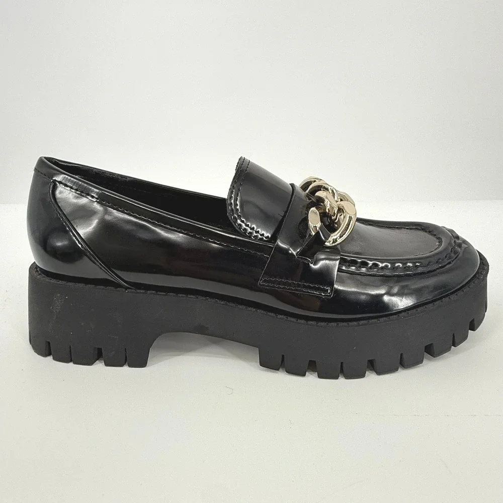 Guess Hillford Loafer Womens 8.5 Black Fair Chunky Lug Sole Gold Chain Platform